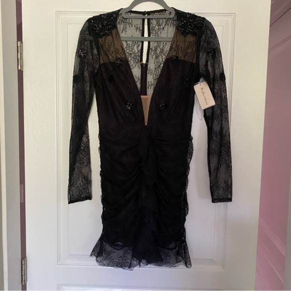 NWT For Love and Lemons Daisy Black Lace Mini Dress Small Beaded - Picture 5 of 7